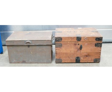 One wooden trunk 48cm x 35cm x 29cm, together with a similar sized trunk and wooden cutlery box (3)
