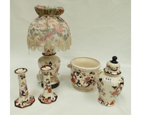 A collection of Masons Mandalay items to include lamp, pair candlesticks, vase & cover and a two hadled planter (5) 