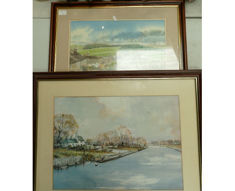 Framed watercolour signed Len Hubbard and similar item, both with canalside theme