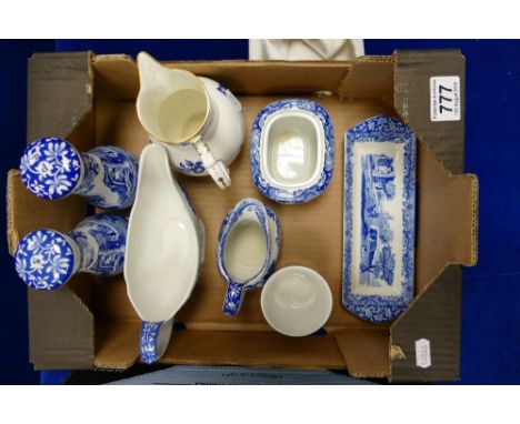 A collection on Spode blue & white pottery including large salt & pepper pots, sauce boat, Coalport Caughley jug etc (8)