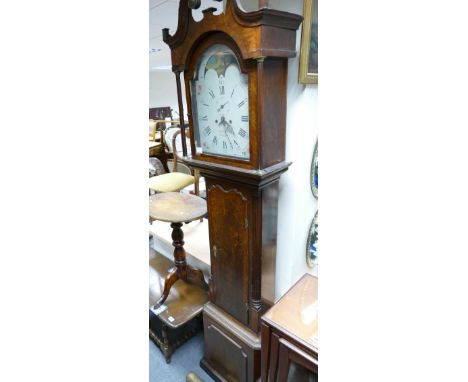 19th century oak cased longcase Grandfather clock by W Nicholson of Newcastle Under Lyme, painted arched rolling moon dial