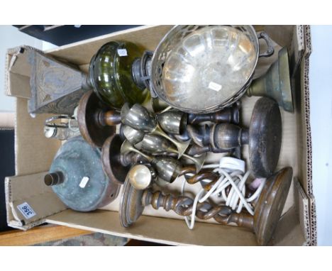A mixed collection of ceramic items to include open twist oak candlesticks, closed twist items, cast metal based oil lamp etc