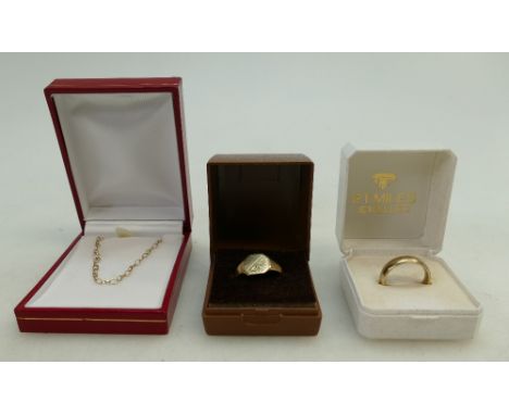 9ct gold signet ring size R, 9ct gold wedding band / ring size L, together with a light 9ct bracelet.  Gross weight 7.6g. (3)