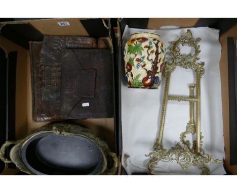 A mixed collection of items to include Reproduction brass planter, crocodile skin bags, Tony Woods Indian Tree pattern vase, 