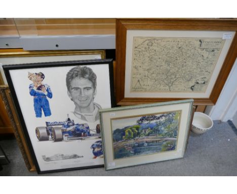 A mixed collection of items to include framed watercolour of a lakeside scene, reproduction commemorative Staffordshire map a