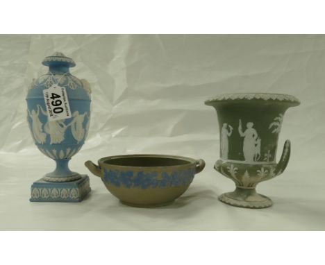 Wedgwood light blue jasperware urn & cover decorated with dancing hour ladies (knob off lid missing), green two handled urn (