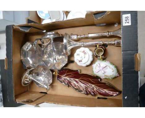 A mixed collection of  items to include - decorative silver plated bon bon dish, similar candlesticks, Carltonware Rouge Roya