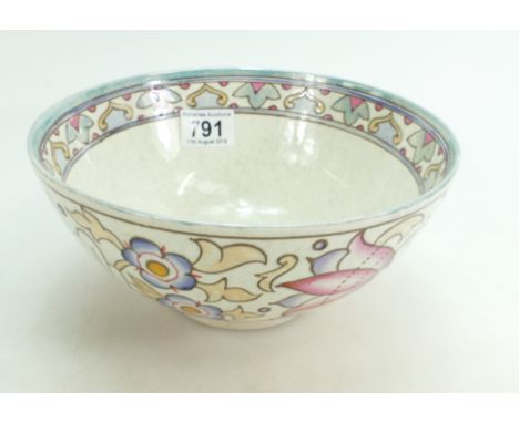 Bursley ware Charlotte Rhead footed fruit bowl in the TL76 pink trellis design, diameter 21cm (small hairline crack to bowl)