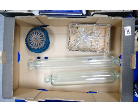 A mixed collection of ceramic items to include - two glass rolling pins, glass lustres and early embroidered pin cushion.