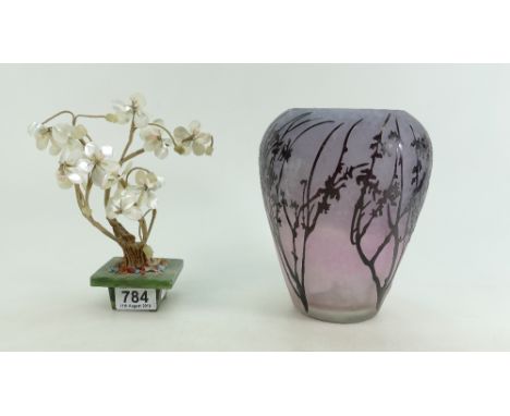 Reproduction Galle style glass vase (chips to rim) and a Chinese jade and mother of pearl tree (2)