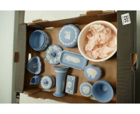 A collection of Wedgwood Jasperware items including - vases, ash trays and trinket boxes, together with a larger Queensware p