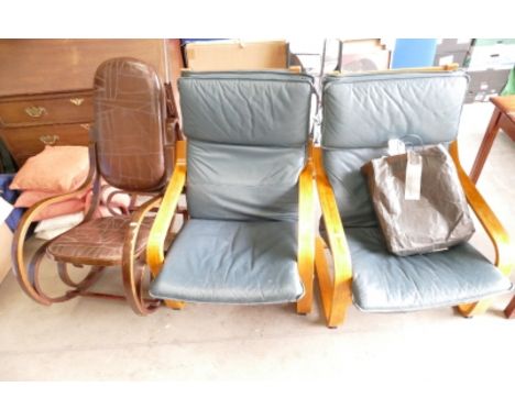 Mid century Bentwood & Moroccan leather rocking chair together with two non matching similar item