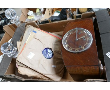 1930s wood mantle clock, two crystal glass decanters and quantity of old records 