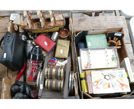 Set of cased binoculars, metal badges, Post Office Savings books, cocktail sticks etc (2 trays)