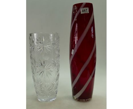 Large heavy cut glass crystal vase together with larger ruby red mid century type similar item. (2). 