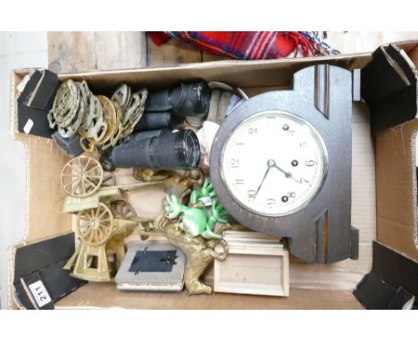 A mixed collection of items to include - oak cased mantle clock, horse brasses, brass figures of horses etc.