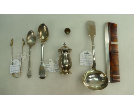 Group of seven sterling hallmarked silver  items including Exeter Ladle 1853, spoons, tongs, pepper etc, plus comb & thimble 