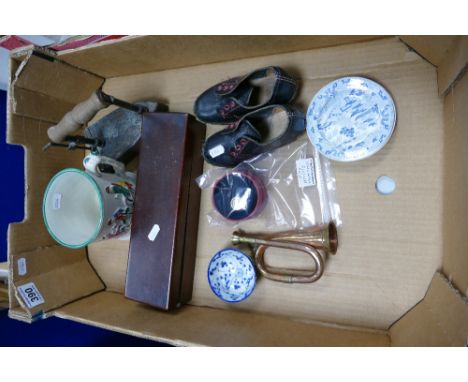 Job lot tray including wooden cased domino's (nines), wooden clogs, miniature copper bugle, solid hallmarked silver ' last Ro