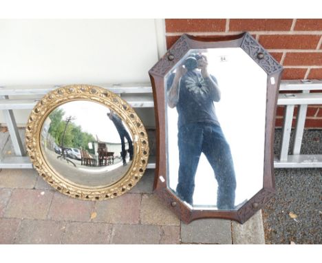 decorative gilt framed convex mirror & similar oak framed item (2)