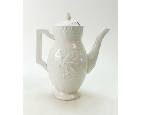 19th Century Hizen salt glazed teapot decorated with embossed birds and flowers, height 28cm, kite mark to base