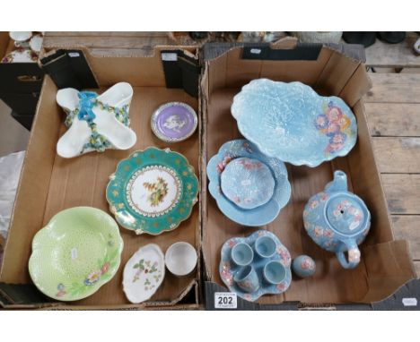 A large collection of Melba ware Blue with pink flowers to include teapot, fruit bowl, egg cups with stand together with deco