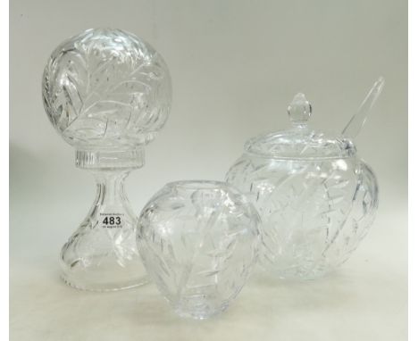 A collection of quality cut glass crystal items to include - large punch bowl, unmounted lamp base and smaller vase. Height o