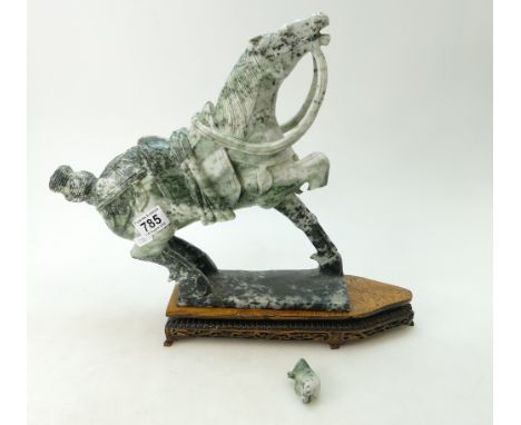 Chinese jade carved stone model of a horse on wood base, height of jade 31cm (horses leg broken)