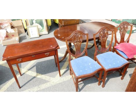 A regency style cross banded double pedestal ball and claw dining, with 3 hepplewhite style dining chairs and a re-finished V