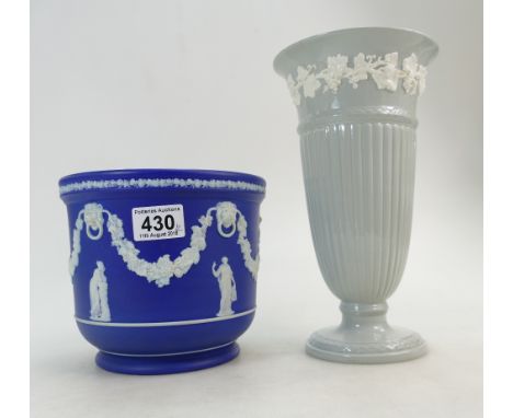Wedwood dark blue jasperware planter and Wedgwood embossed queens ware grey & white vase, tallest height 27cm  (2)
