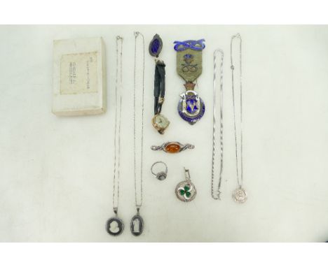 Group of silver & gold items including 9ct gold ladies wristwatch, silver masonic medal, Wedgwood jasper & silver mounted jew