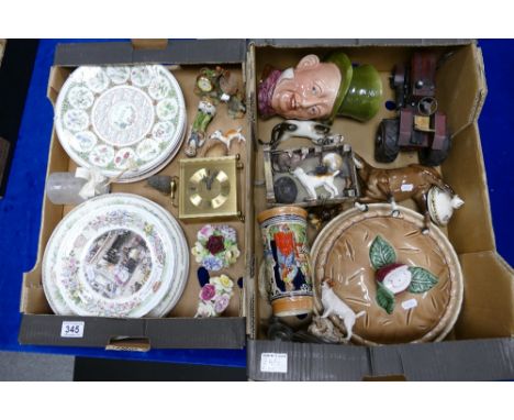 A collection of pottery including Royal Doulton brambly Hedge plates, Wedgwood calendar plates, floral fancies, resin animal 