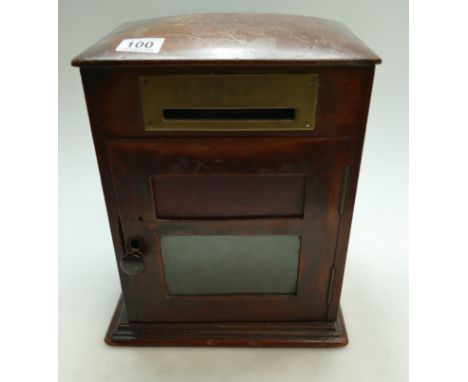 Victorian mahogany post box with domed top and brass ware slot, height 34cm x w26 x d20cm (lock missing)