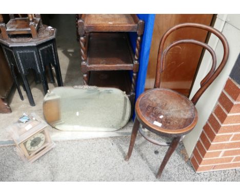 Bent wood chair, art deco wall hanging mirror and a presentation oak case mantle clock (3)