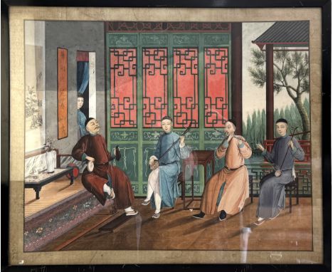 A China Trade Interior sceneChina, Qing Dynasty (1644 - 1912), Daoguang (1820 - 1850)Depecting a scène with musician playing 