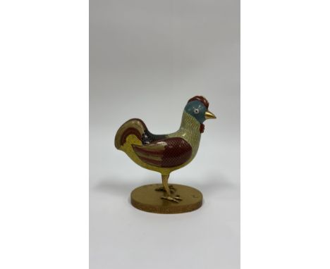 A gilt bronze and cloisonne enamel cockerelChina, Qing Dynasty (1644 - 1912), Daoguang (1820 - 1850)resting on a later made e