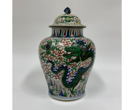 A wucai porcelain"dragons" jar and coverChina, Ming Dynasty (1368 - 1644), Shunzhi period (1644 - 1661)Finely painted in over