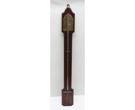 A 19TH/20TH CENTURY MAHOGANY STICK BAROMETER having period brass (previously silvered gauge), moulded case and covered cister