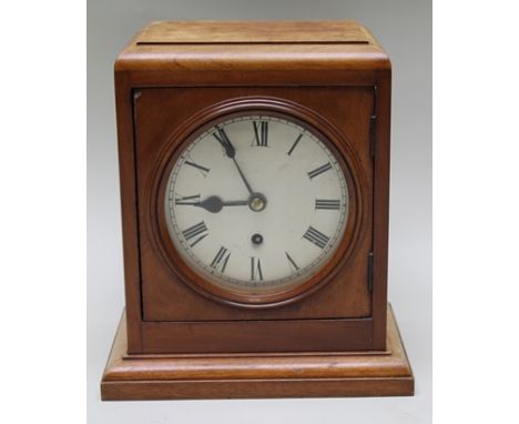 A PART VICTORIAN LATER MAHOGANY CASED ENGLISH MANTEL TIMEPIECE having squared moulded case, on plinth, eight day four pillar 