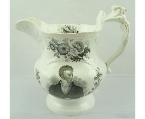 A 19TH CENTURY STAFFORDSHIRE POTTERY POLITICAL JUG, black transfer printed with a portrait of Lord John Russell, Prime Minist
