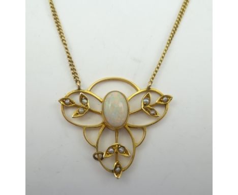 A VICTORIAN ART NOUVEAU DESIGN 9CT GOLD OPAL AND SEED PEARL NECKLACE