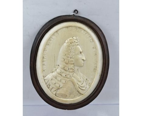 AN EARLY 18TH CENTURY RELIEF CARVED IVORY PORTRAIT MINIATURE OF ARENT FURLEY (Secretary to General Stanhope, 1708-1711, and t