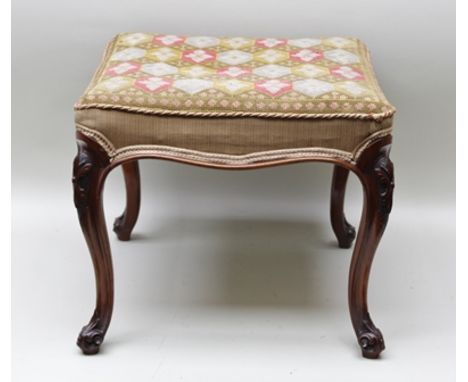 A LATE 19TH/EARLY 20TH CENTURY MAHOGANY SQUARE TOPPED STOOL, having decorative wool work pad top with contrasting edging, sup