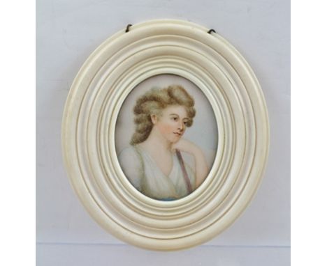 A 19TH CENTURY PORTRAIT MINIATURE, a bust length image of Mrs Willatts, after Romney, a Watercolour painting, possibly on ivo