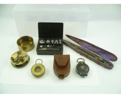 A PAIR OF BRASS AND STEEL DIVIDERS in original case "Charles Smith (Clerkenwell) Ltd., London", 25cm together with various ot