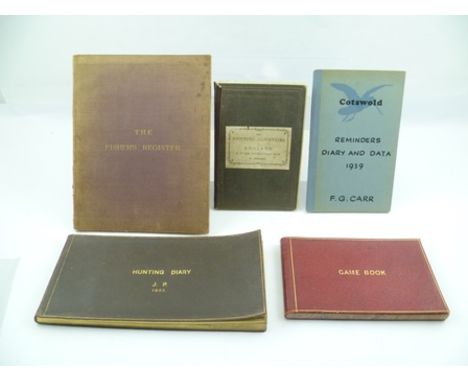 FIVE BOOKS RELATING TO HUNTING AND SHOOTING comprising; leather bound Hunting Diary, J.P. 1927 with thorough entries, 1927-19