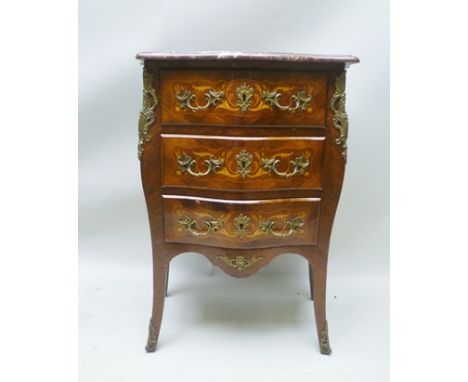 A 19TH CENTURY FRENCH LOUIS XV STYLE MARQUETRY INLAID KINGWOOD AND WALNUT BOMBE COMMODE CHEST having rouge marble serpentine 