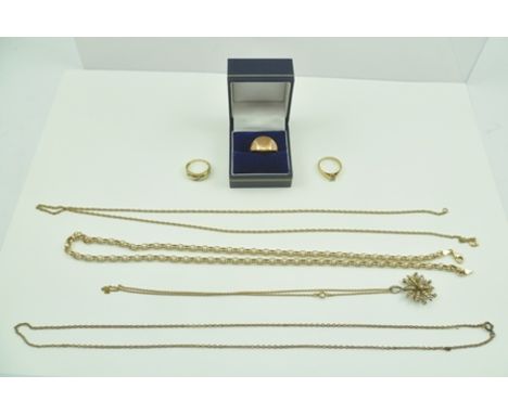 A QUANTITY OF 9CT GOLD ITEMS, includes rings, chains and a seed pearl set pendant, total weight 52g. 