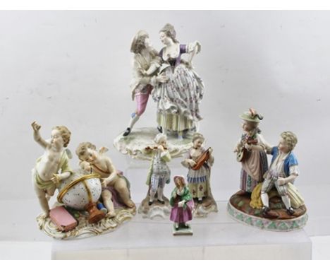 A COLLECTION OF SIX CONTINENTAL PORCELAIN FIGURINES, includes a courting couple in 18th century costume, 20cm high and a pair