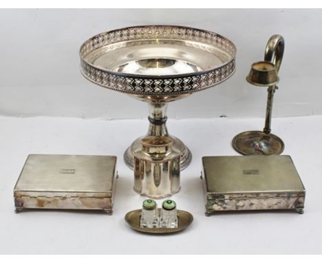 A SILVER PLATED COMPORT with pierced rim on circular platform foot, 28cm diameter x 23cm high, together with a silver plated 