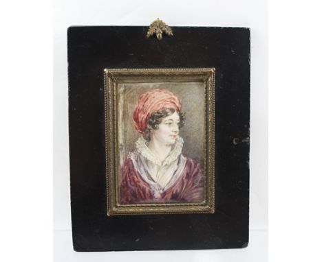 A 19TH CENTURY PORTRAIT MINIATURE, a profile bust length image of a woman of fashion wearing a turban style head-dress, a Wat